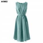 2018 Woman Fashion Pleated Casual Soild Dresses Plus Size High Waist Long Dress Sleeveless Summer Vestidos Beachwear Dress Robe