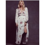 2018 flower embroidery long dress free cotton v-neck long sleeve white boho dress people bandage sexy loose dress bohemian dress