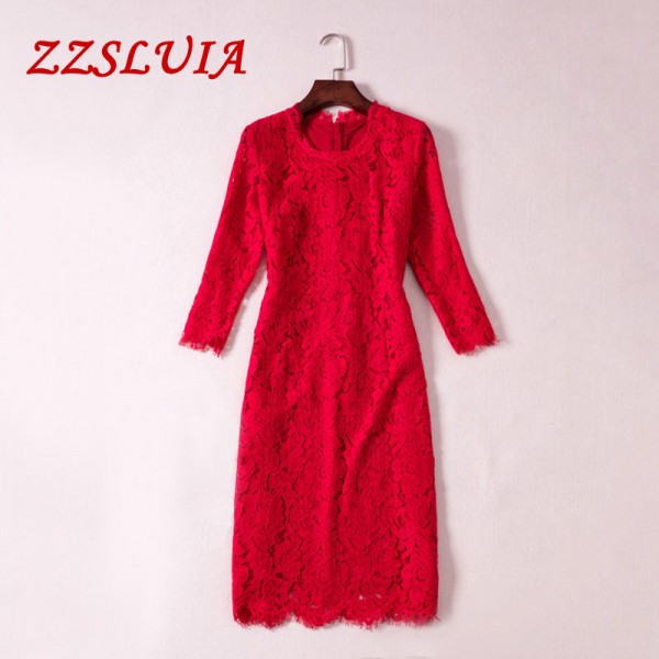 2018 high quality new arrive fashion elegant O-neck three quarter sleeve solid color lace women one-piece dress W9a711 