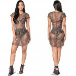 2018 new arrival sexy fashion Camouflage net yarn sexy dress perspective short-sleeved high fork novel designned cool SC1613