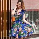 2018 summer Styles plus size women pleated V Neck dress waist show thin sand Maxi printed Dresses vestido de festa