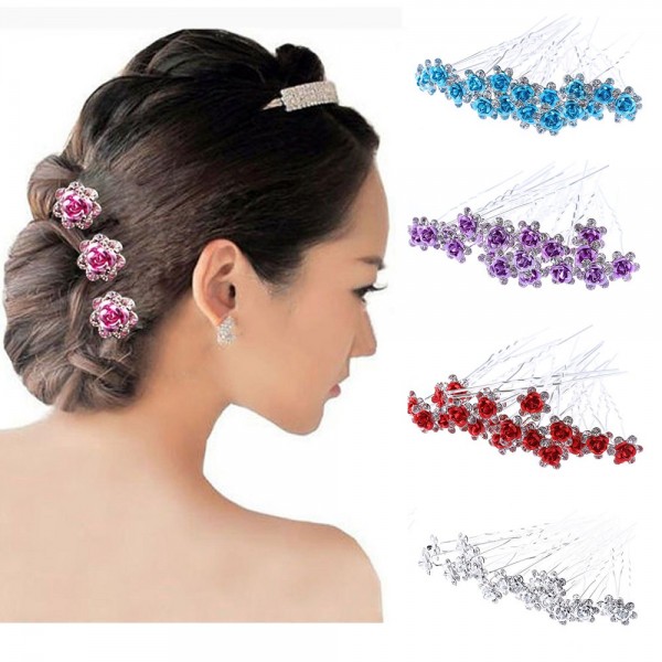 20Pcs/Lot Chic Women Wedding Bridal Crystal Rhinestone Rose Flower Hairpins Hair Clips Hair Accessories Jewelry High Quality