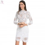 3 Colors Lace Crochet Bodycon Fall Dress Three Quarter Sleeve Hollow Out See through Sexy 2017 Spring Women Clothing