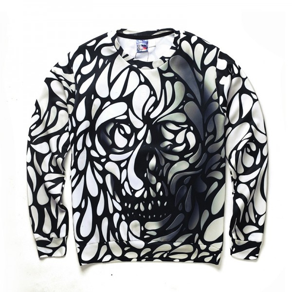 3D Abstract Hoodies Mens Novelty Sweatshirt Personality Skull Print Hoodie White and Black Sweat Homme Skeleton Top Tees