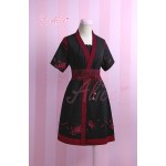 3way Unique Cute Mori Girls Higanbana Floral Printing Chinese Style Dress Set Summer Short Sleeves Bell Sashes White&Black