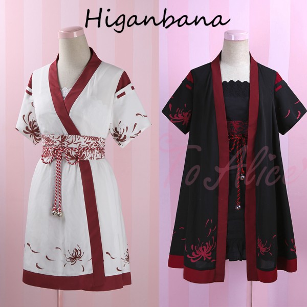 3way Unique Cute Mori Girls Higanbana Floral Printing Chinese Style Dress Set Summer Short Sleeves Bell Sashes White&Black