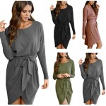 4 colour Autumn winter dress 2017 Round neck solid High quality Loose Casual Irregular package hip Dress with belt