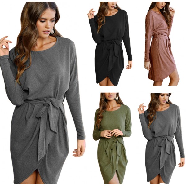 4 colour Autumn winter dress 2017 Round neck solid High quality Loose Casual Irregular package hip Dress with belt