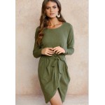 4 colour Autumn winter dress 2017 Round neck solid High quality Loose Casual Irregular package hip Dress with belt