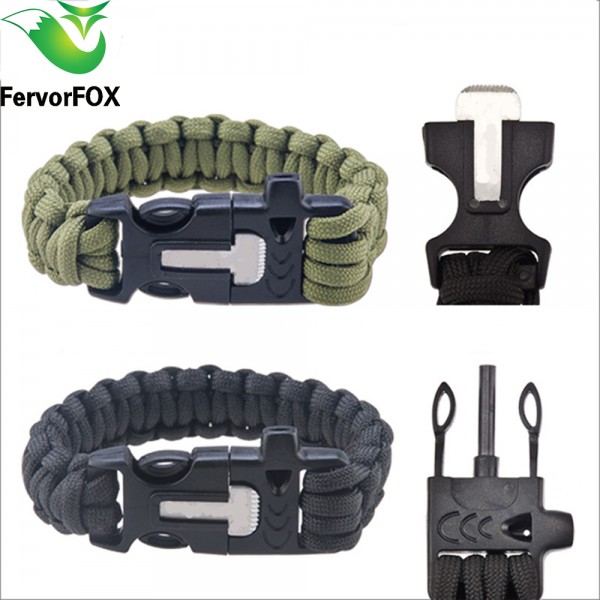 4 in 1 Survival Flint Fire starter paracord Whistle Gear Buckle Camping ignition Equipment rescue rope escape Bracelet kit