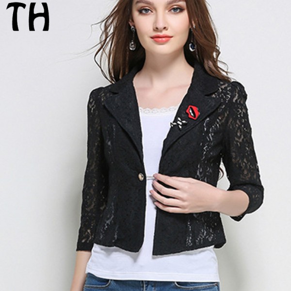 5XL 2017 Spring Short Lace Jacket For Ladies Turn Down Collar Three Quarter Appliques Casual Women Basic Coats #162000