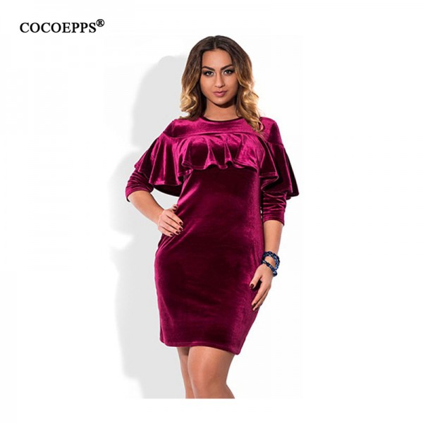 5XL 6XL Women Fashion Plus Size Big size Velvet Dress Autumn winter Oneck Ruffled cacual elegan Large size slim Dresses Vestidos