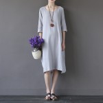 8 Candy color Solid O-neck Linen Women Knee length Dress Kawaii Cute Casual Summer Dress Women Gray Robe Femme Vestidos A009