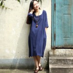 8 Candy color Solid O-neck Linen Women Knee length Dress Kawaii Cute Casual Summer Dress Women Gray Robe Femme Vestidos A009