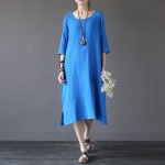 8 Candy color Solid O-neck Linen Women Knee length Dress Kawaii Cute Casual Summer Dress Women Gray Robe Femme Vestidos A009