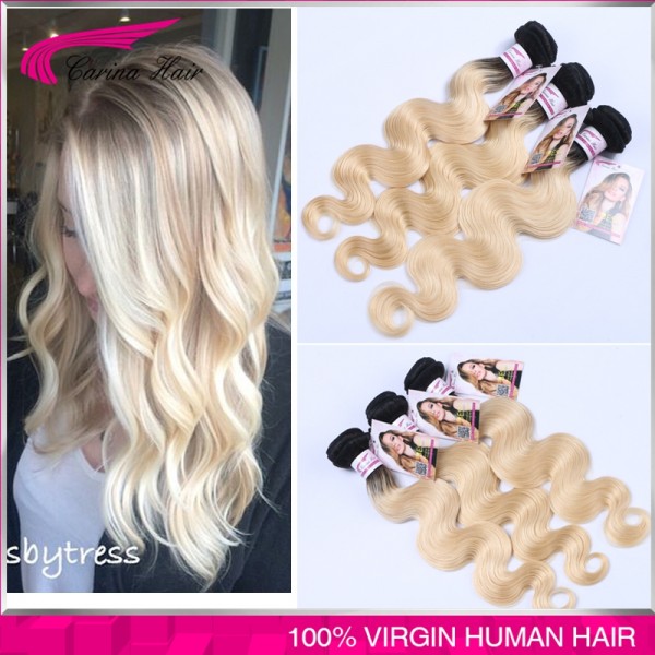 8A Grade Carina hair 613 blonde virgin hair dark roots ombre blonde brazilian hair 3pcs/lot ombre hair extension free shipping