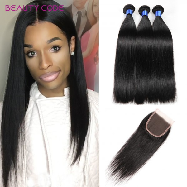 8A Grade Malaysian Straight Virgin Hair 3 Bundles With Closure Human Hair With Closure Cheap Straight Hair With Closure