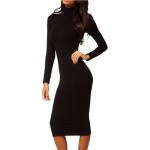 AAMIKAST New Fashion Women Elegant Turtleneck Full Sleeve Solid Party Stretch Bodycon Pencil Sexy Dress Free Shipping