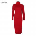 AAMIKAST New Fashion Women Elegant Turtleneck Full Sleeve Solid Party Stretch Bodycon Pencil Sexy Dress Free Shipping