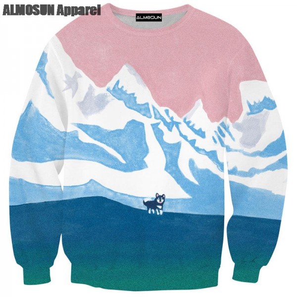 ALMOSUN Snow Lone Wolf 3D All Over Print Crewneck Pullover Sweatshirts Hipster Animal Hip Hop Sportwear Jumper Unisex