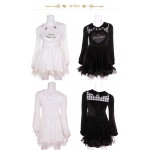 ANGEL X DEVIL Unique Design Embroidery Real Rabbit Fur Heart Long Sleeve Lolita & Gothic Dress White & Black