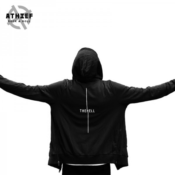 ATHIEF Men Fashion Loose Casual Hoodie Gothic style Side Zipper Handmade Holes Printed Plus Size 100% Cotton Streetwear hooded