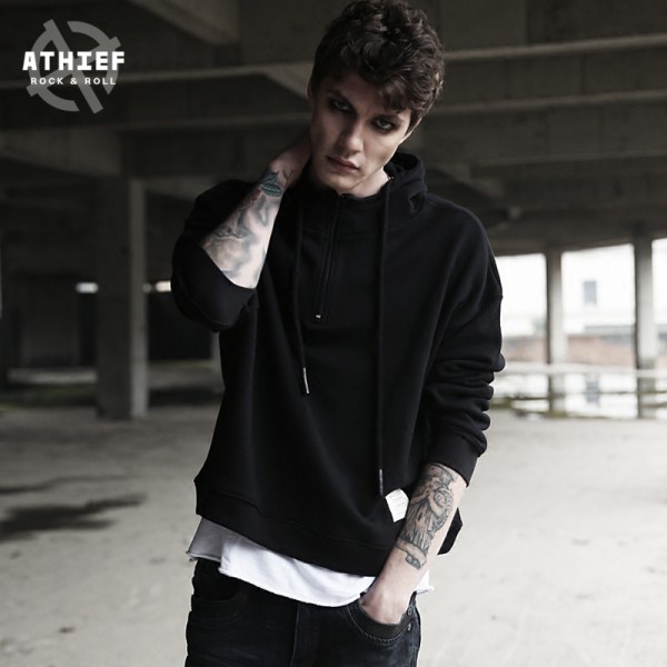 ATHIEF NEW Street Style Mens Top Oversize Loose Short Hoodie 100% Cotton Solid Hip Hop Swag High Quality man Basic Pullover