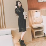 AUFYSO Lace Dress 2018 Spring Korean Vintage Elastic Waist Long Sleeve Pleated Midi Dress Pink Black White vestido festa D126