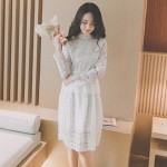 AUFYSO Lace Dress 2018 Spring Korean Vintage Elastic Waist Long Sleeve Pleated Midi Dress Pink Black White vestido festa D126