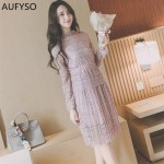 AUFYSO Lace Dress 2018 Spring Korean Vintage Elastic Waist Long Sleeve Pleated Midi Dress Pink Black White vestido festa D126