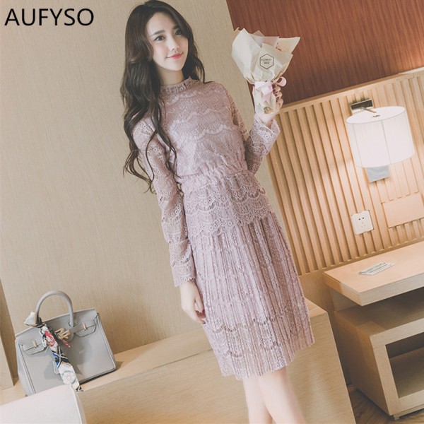 AUFYSO Lace Dress 2018 Spring Korean Vintage Elastic Waist Long Sleeve Pleated Midi Dress Pink Black White vestido festa D126