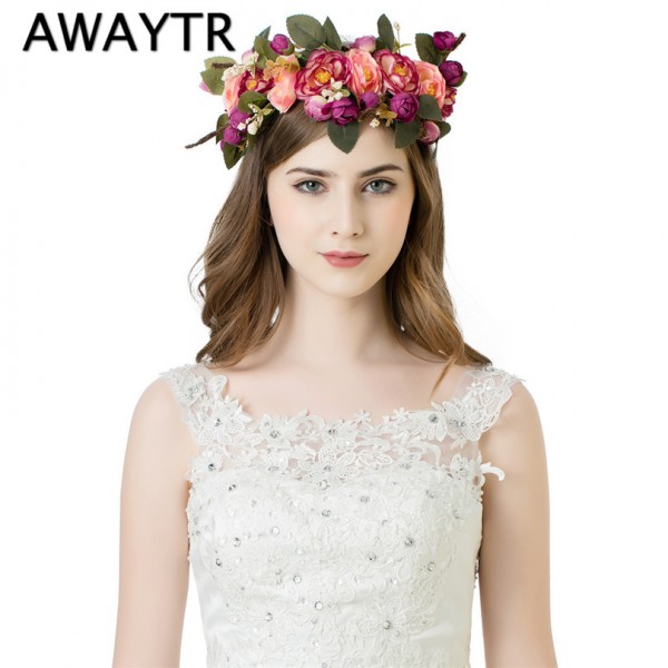 AWAYTR Handmade Woman Girls Artificial Flower Headband Party Wedding Fabric Flower Wreath Hair turquoise Flower Crown