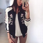 AZULINA Reversible Coat Pink Embroidery Bomber Jacket Women Autumn Spring Flower Baseball Short Jackets Female Black Overcoat