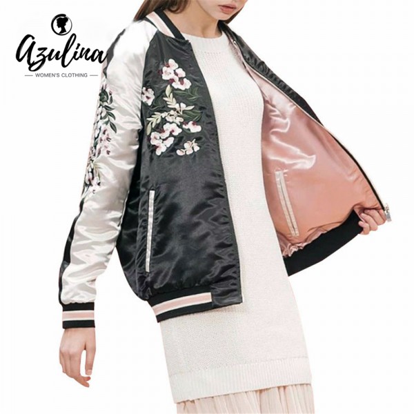 AZULINA Reversible Coat Pink Embroidery Bomber Jacket Women Autumn Spring Flower Baseball Short Jackets Female Black Overcoat