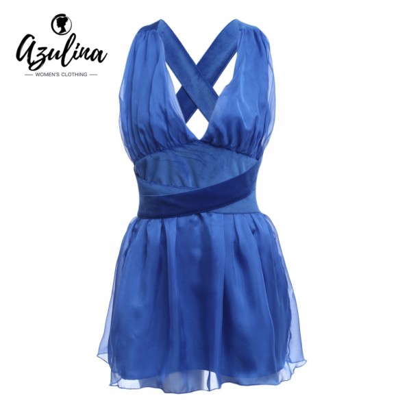 AZULINA Summer Blue Beach Chiffon Short Dress Women Sexy Deep V Neck Sleeveless Backless Skater Mini Dress robe femme Sundress