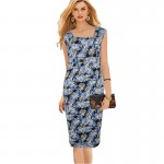 Aamikast Womens Elegant Summer Ruched Draped Floral Flower Printed Tunic Casual Party Bodycon Fitted Sheath Pencil Dress