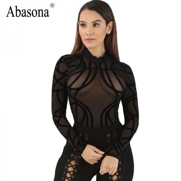 Abasona 2017 Summer t-shirt O neck women sexy sheer mesh striped t shirt Black leotard long sleeve tops transparent womens top