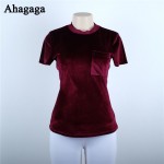 Ahagaga Tops Women 2017 Spring Fashion Velvet T-shirts Solid Claret Short Sleeve Basic Tees Casual Women Pocket Outwear T-shirt