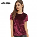 Ahagaga Tops Women 2017 Spring Fashion Velvet T-shirts Solid Claret Short Sleeve Basic Tees Casual Women Pocket Outwear T-shirt