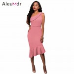 Aleumdr 2017 Cheap Fashion Women Elegant Midi Dress Hot Summer Red Single Shoulder Ruffle Party Dress For Ladies LC61490