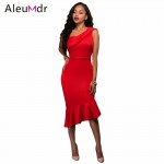 Aleumdr 2017 Cheap Fashion Women Elegant Midi Dress Hot Summer Red Single Shoulder Ruffle Party Dress For Ladies LC61490