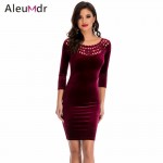 Aleumdr 2017 Formal Office Dresses For Women With Long Sleeve Black Sexy Hollow Out O-Neck Velvet Mini Dress Slim LC22925