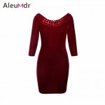 Aleumdr 2017 Formal Office Dresses For Women With Long Sleeve Black Sexy Hollow Out O-Neck Velvet Mini Dress Slim LC22925