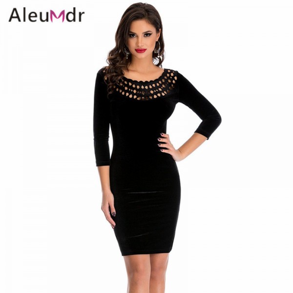 Aleumdr 2017 Formal Office Dresses For Women With Long Sleeve Black Sexy Hollow Out O-Neck Velvet Mini Dress Slim LC22925