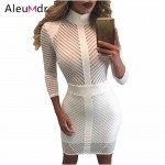 Aleumdr 2017 Sexy Night Club Mini Dresses Women Elegant Long Sleeve Sight to See Striped Bodycon Dress With Zip LC22860 Vestidos