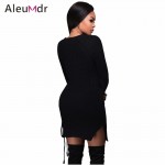 Aleumdr New 2017 Women Short Casual Dresses Knit Lace-up Side Long Sleeves Sweater Mini Dress LC27659 Vestidos Curtos Feminino