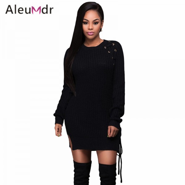 Aleumdr New 2017 Women Short Casual Dresses Knit Lace-up Side Long Sleeves Sweater Mini Dress LC27659 Vestidos Curtos Feminino