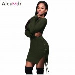 Aleumdr New 2017 Women Short Casual Dresses Knit Lace-up Side Long Sleeves Sweater Mini Dress LC27659 Vestidos Curtos Feminino