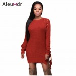 Aleumdr New 2017 Women Short Casual Dresses Knit Lace-up Side Long Sleeves Sweater Mini Dress LC27659 Vestidos Curtos Feminino