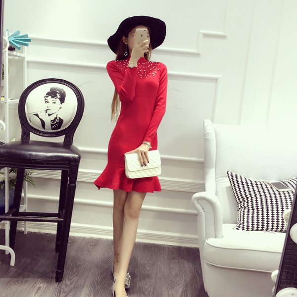 Alpha 2016 Autumn and Winter Dress Female Beading Mermaid Dress Slim Long-sleeve Knitted Sweater Ruffle Dress 